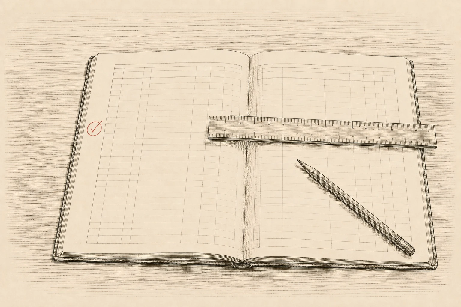 Engraved illustration of a ruled ledger lying open on a desk, a straightedge laid across one column, a pencil across the page, and a red tick marked in the margin