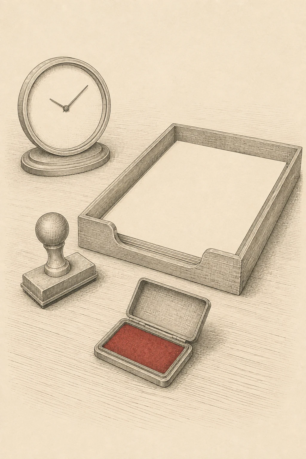 Engraved illustration of a dating stamp and its open red ink pad beside a document just laid in a filing tray, under a wall clock with a blank dial