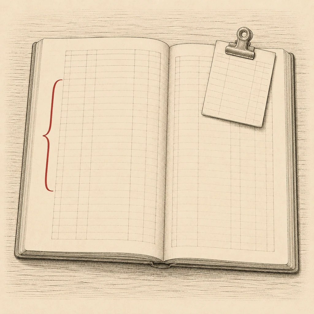 Engraved illustration of an open register with a red bracket marked in the margin and a small slip clipped to the facing page beside the entry it amends