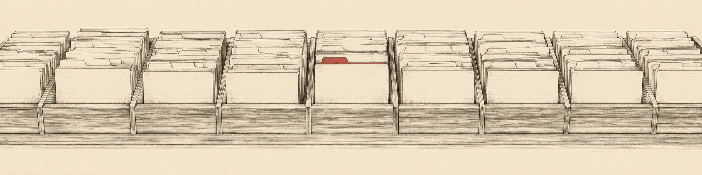 Engraved illustration of a long sorting tray of filed cards standing on edge, separated by tabbed dividers, one tab picked out in red