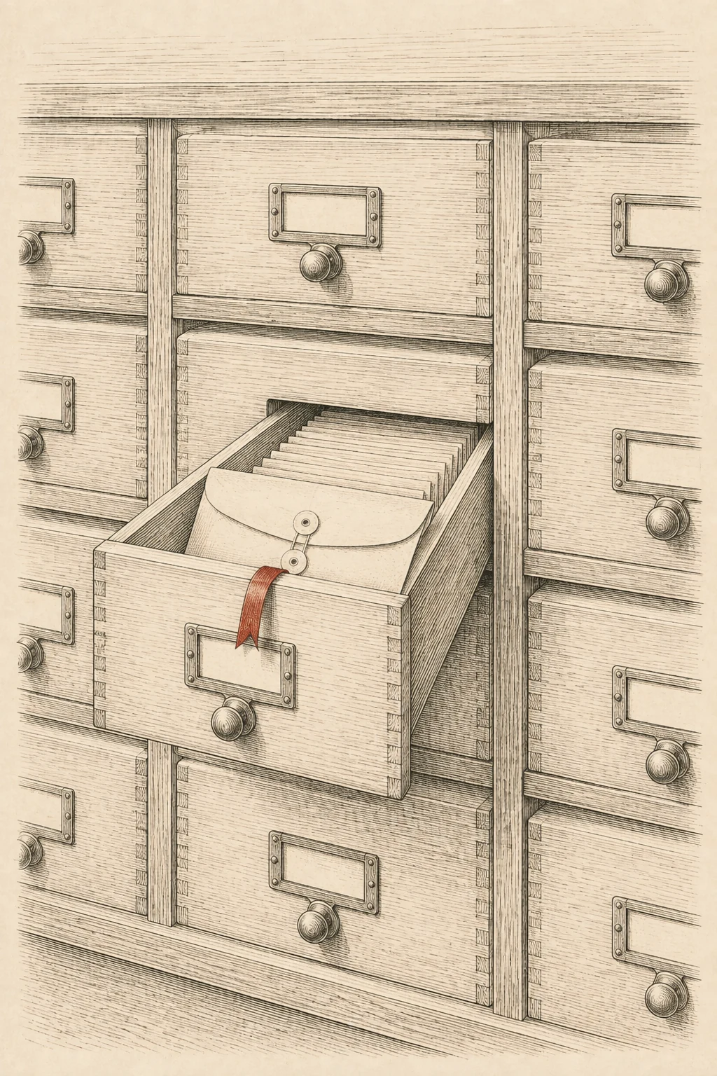 Engraved illustration of a bank of oak card-catalogue drawers with one drawer open and a manila envelope lifted half out, a red ribbon tab hanging from it
